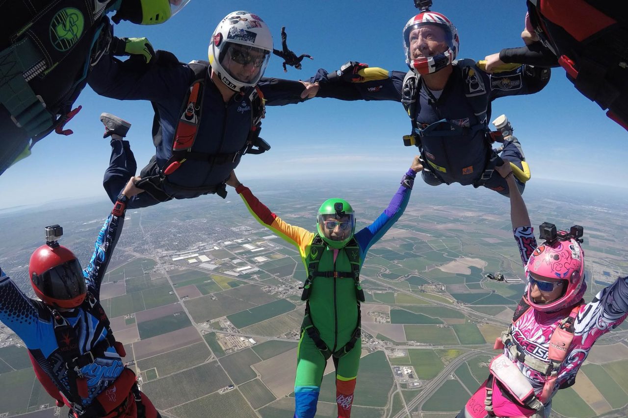 Experienced jumpers in formation at Skydive California.